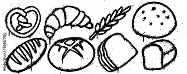 Fototapeta Set graffiti spray paint. Collection of pretzel, croissant, wheat, cookies, bread, slice bread, sourdough french bread Isolated Vector