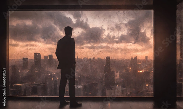 Fototapeta Bankrupt businessman. businessman feels frustrated about his career and Looking out of the Window on a rainy day. Businessman is discouraged by his affairs in Office. be insolvent, go broke,