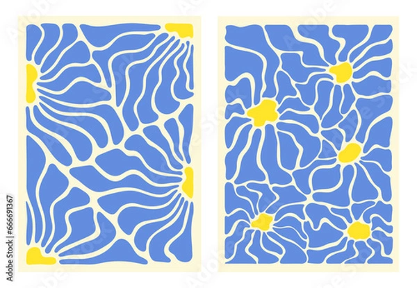 Obraz Groovy abstract flower art set. Organic floral doodle shapes in trendy naive retro hippie 60s 70s style. Botanic vector illustration in blue and yellow color. Сurves aestethic.