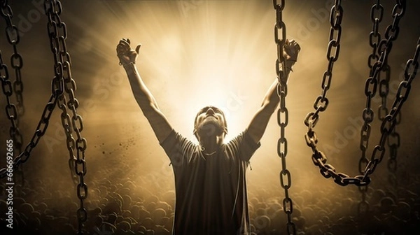 Obraz Man hands raised up in the air having chains and do worship