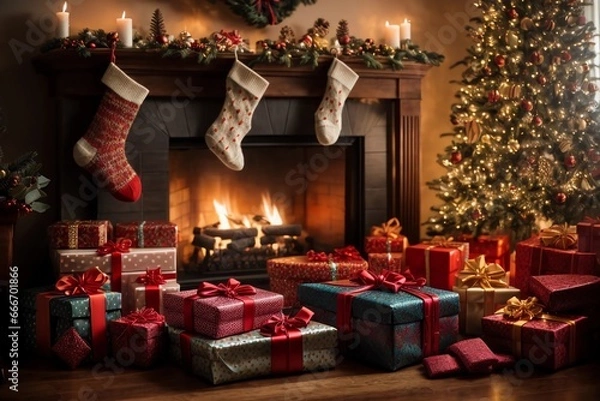 Fototapeta regalos navideños al lado de chimenea y medias con dulces