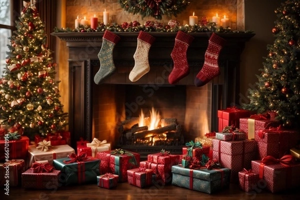 Obraz regalos navideños al lado de chimenea y medias con dulces