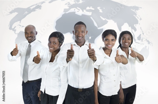 Fototapeta African business team with world map, thumbs up