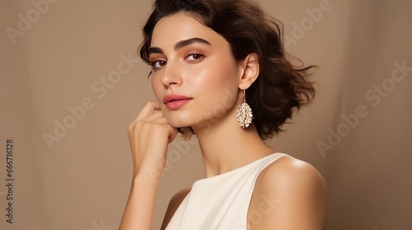 Fototapeta A young woman wearing stylish pearl jewelry on a beige background is beautiful