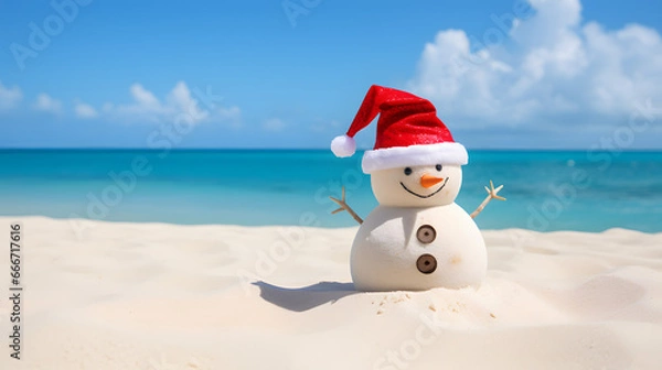 Obraz Christmas holidays on a sunny beach: sand snowman with Santa hat