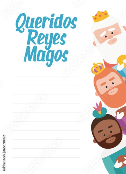 Obraz Funny vectorized letter. Dear wise men, written in Spanish.Kings of orient vectors