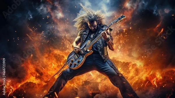 Fototapeta A man, with long hair and a beard, dressed in black clothing, playing a guitar. Standing in front of a fiery background adds intensity to the scene. Man is a rock musician, and heavy metal guitarist.