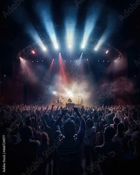 Fototapeta Lively rock concert scene with a large crowd of people gathered in a stadium. The audience is enthusiastically clapping and cheering for the performers on stage.