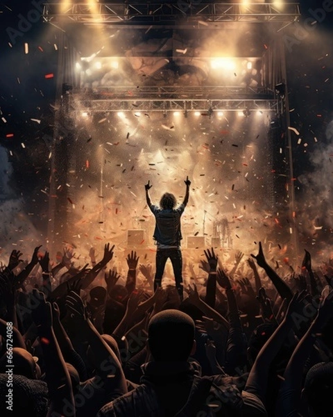 Fototapeta Lively rock concert scene with a large crowd of people gathered in a stadium. The audience is enthusiastically clapping and cheering for the performers on stage.