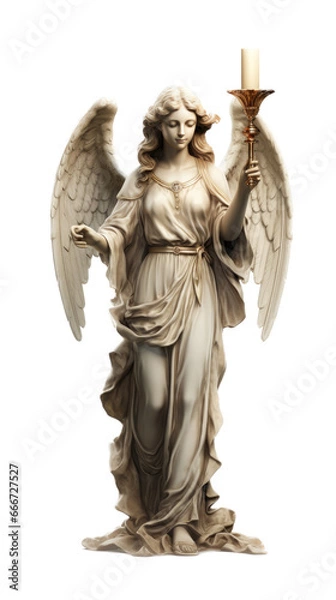 Fototapeta a statue of an angel with wings holding a candle, in an isolated and transparent PNG in a Decorative-themed, photorealistic illustration.