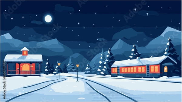Obraz Train dans un paysage de neige à la nuit tombée, IA générative