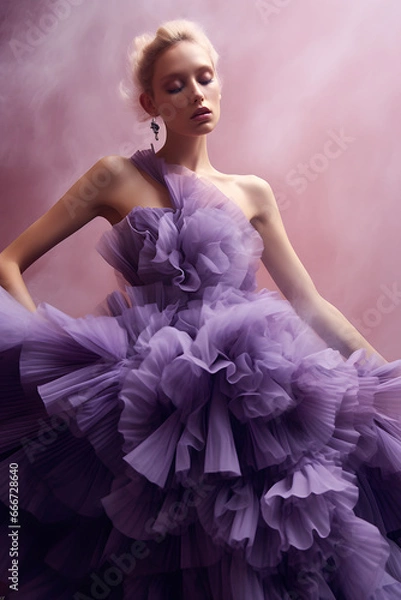 Fototapeta blonde woman wearing purple designer dress