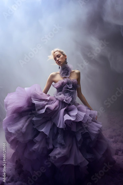 Fototapeta blonde woman wearing purple designer dress