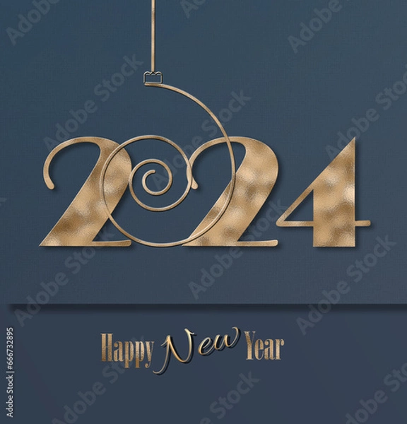 Fototapeta 2024 New Year card. Gold digit 2024 over dark blue. Card template, business invitation, corporate holiday event. Gold text Happy New Year. 3D illustration