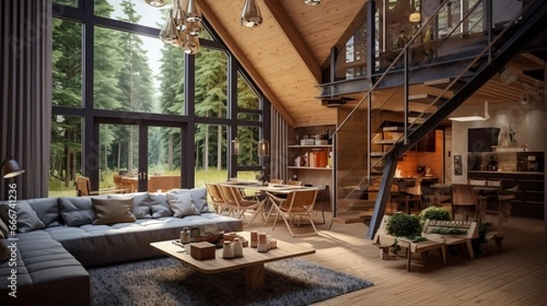 Fototapeta The interior of this country house is cozy and features wooden design. It has a spacious living room with a kitchen area and large windows. There is also a bedroom on the second floor.
