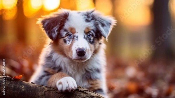 Fototapeta Playful Australian Shepherd Puppy with Striking Blue Merle Coat Patterns