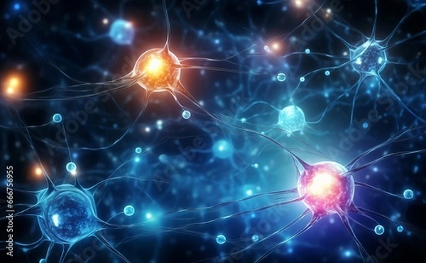 Fototapeta neural cells with luminous dots, biology background