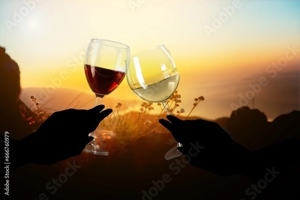 Fototapeta A group of friends raise toast with wine glasses