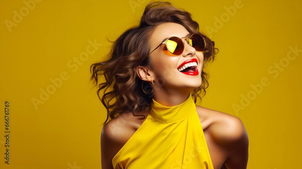 Obraz A stylish girl with bright yellow sunglasses and a bold lipstick stands against a vibrant wall, radiating confidence and fashion-forward energy