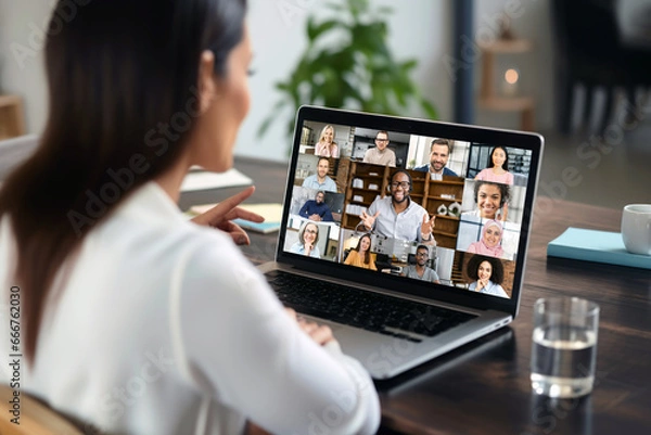 Fototapeta businesswoman having video conference call with colleagues. remote workers discussing work plans by video digital conference call on laptop.