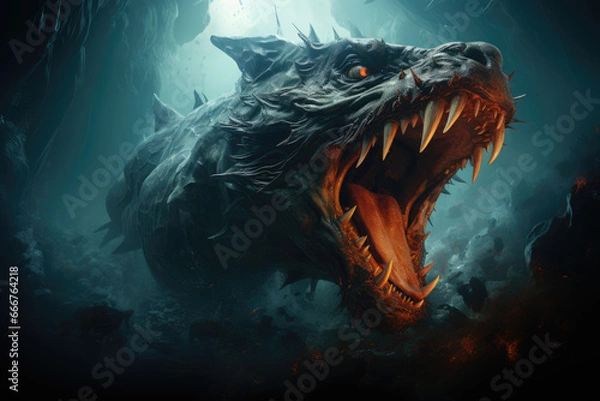 Fototapeta A deep ocean trench concealing the secrets of sea serpents and underwater dragons. Generative Ai.