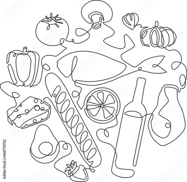 Fototapeta Food. Vector illustration with fresh Vegetables, Fruits, Fish, Bread, Cheese and Meat. Continuous line drawing style in circle.
