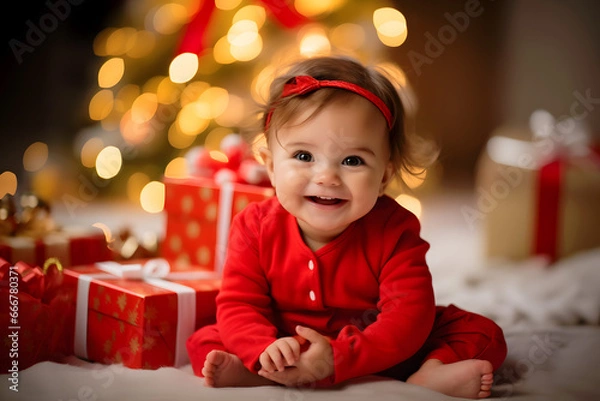 Obraz Cute happy baby girl dressed in red with Christmas tree and gifts