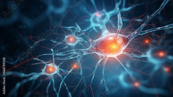 Fototapeta This abstract 3D illustration showcases the colorful biochemical process of nerve impulses