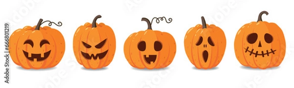 Fototapeta Set of cartoon pumpkins with funny faces for your design for the holiday Halloween. Different shapes and sizes orange gourd. Flat style vector illustration on white background.