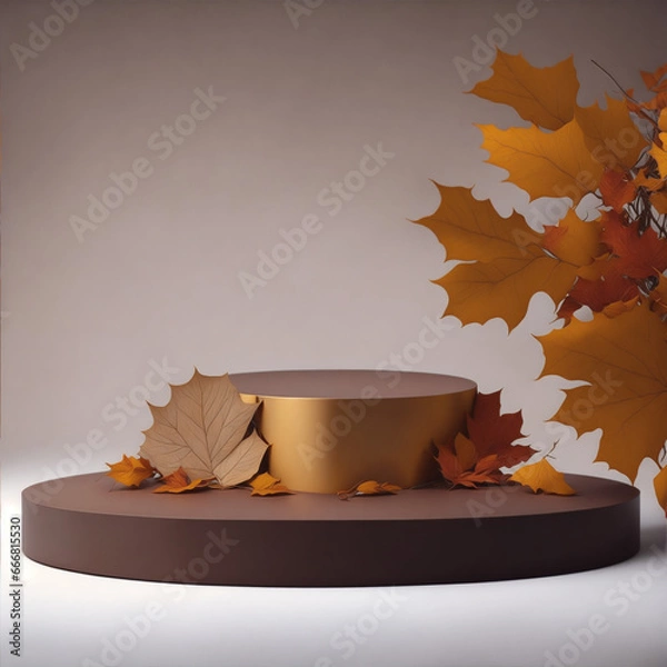 Fototapeta Autumn leaves frame/ Empty podium with leaves, calm and elegant autumn atmosphere for product presentation. Mockup for branding, packaging, marketing, web, banner, editorial, printed matter.