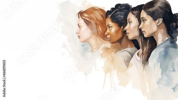 Obraz Side profile of four diverse women on the white background. Watercolor illustration with copy space.