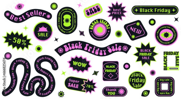 Fototapeta Black friday sale patches, labels, tags, stickers in groovy retro funky style	

