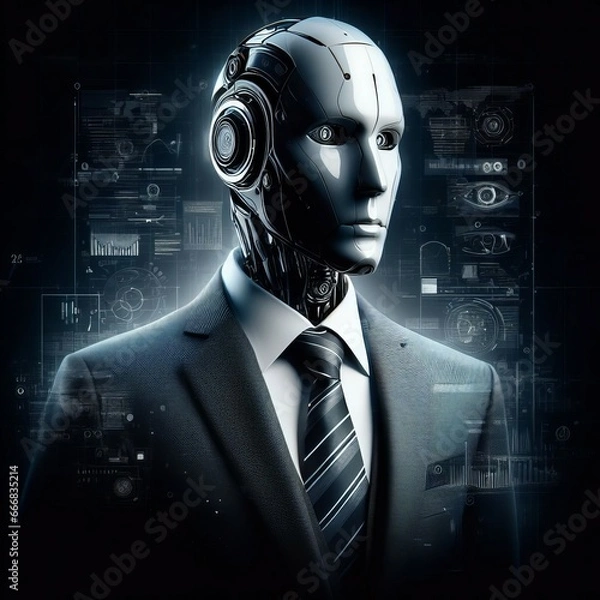 Obraz 3d rendering humanoid robot in suit and tie with futuristic technology background