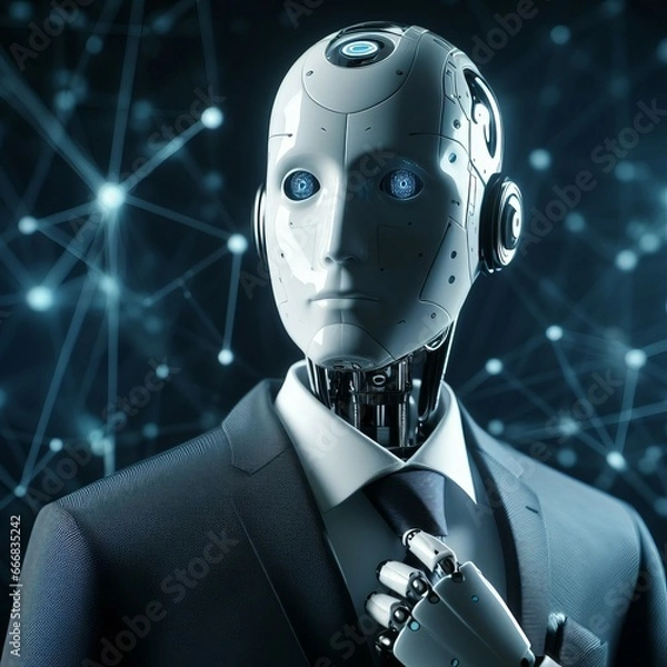 Obraz 3d rendering humanoid robot working with network connection on dark blue background