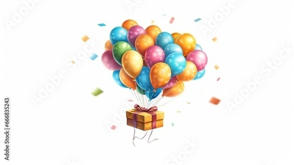Obraz Gift box with colorful balloons on white background. Vector illustration.