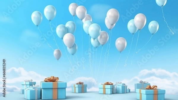 Obraz 3d render of blue gift boxes with balloons on blue sky background