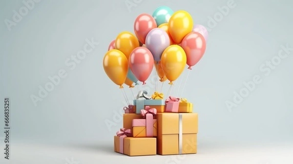 Obraz Gift boxes with balloons on white background. 3d render illustration