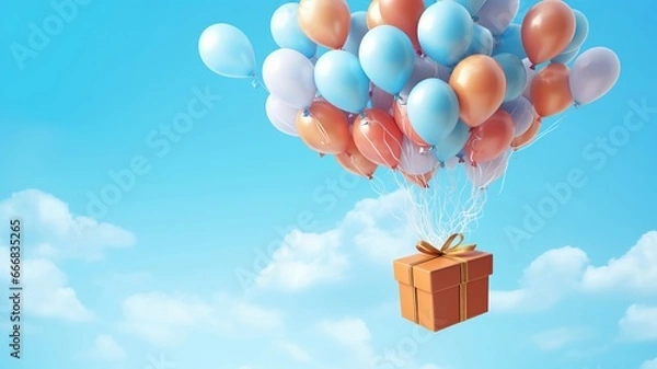 Obraz Gift box flying on bunch of colorful balloons. 3D Rendering