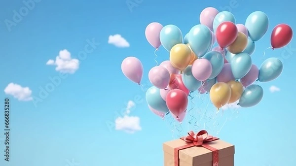 Obraz Gift box with colorful balloons on blue sky background. 3D Render