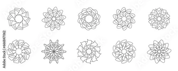Fototapeta Elegant floral pattern collection, black and white line art, ten unique variations in ornamental style, vector template.