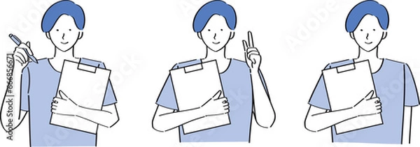 Obraz バインダーを持ってポーズをとるTシャツ男性