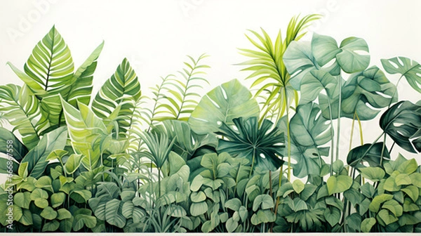 Fototapeta watercolor painting of tropical trees and leaves