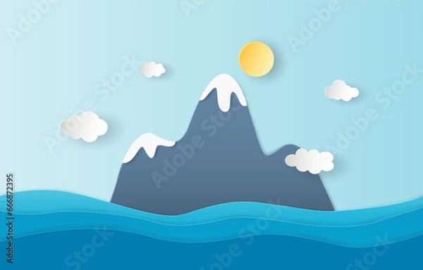 Fototapeta Paper art style of volcanic mountain on ocean or sinking island, vector and illustration.