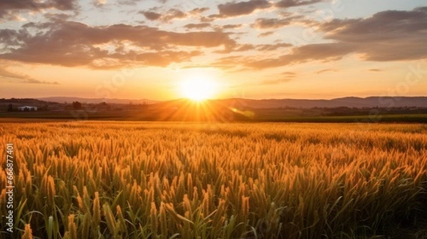 Fototapeta A stunning sunrise over a field of wheats, symbolizing the new beginnings and blessings
