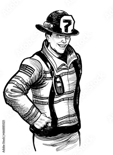 Obraz Firefighter character. Hand-drawn retro styled ink black and white illustration