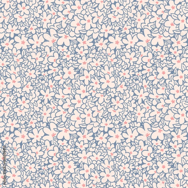 Fototapeta Line flowers blue on beige background vector seamless pattern. Design for decoration, wall decor, wallpaper, cover, banner, poster, card.