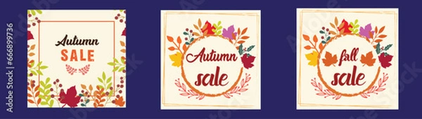 Fototapeta Autumn or Fall sale banner, background set with colorful leaves. Autumn discount, Hello Fall social media poster design templates with foliage frame.
