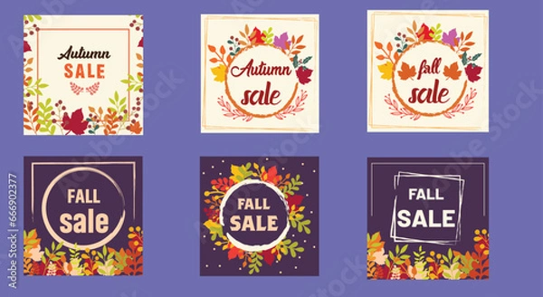 Fototapeta Autumn or Fall sale banner, background set with colorful leaves. Autumn discount, Hello Fall social media poster design templates with foliage frame.