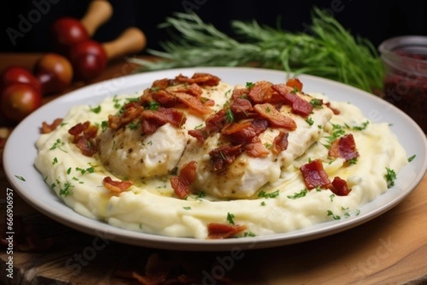 Obraz Chicken breast dish with dried tomatoes, parmesan cheese with potato pore
