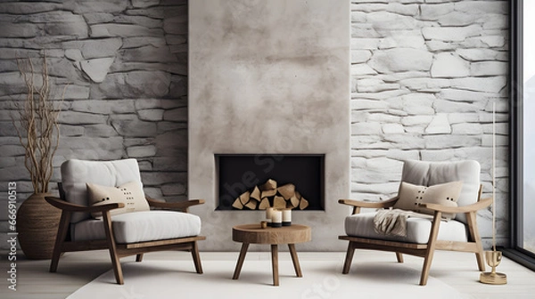 Fototapeta Two chairs and wooden bench against fireplace. Scandinavian style home interior design of modern living room